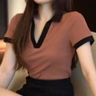 Short-sleeve Collar Two-tone Top