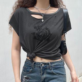 Short-sleeve Rose Print Cutout T-shirt