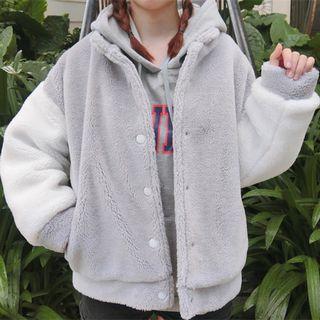 Fleece Color Block Hooded Button Jacket