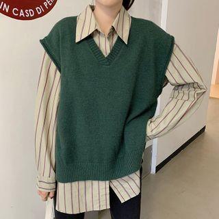 Striped Shirt / Knit V-neck Vest