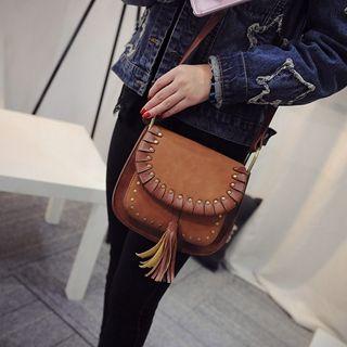 Faux-leather Studded Tasseled Cross Bag