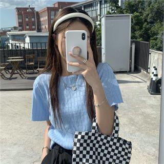 Crew-neck Plain Cut-out Knit Short-sleeve Top
