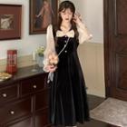 Long-sleeve Velvet A-line Dress Black & Champagne - One Size