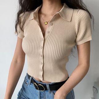 Polo-collar Pinstripe Short-sleeve Knit Top