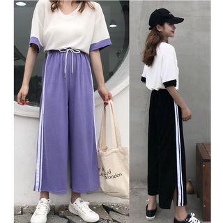 Set: Contrast Trim Elbow Sleeve T-shirt + Drawstring Wide Leg Pants