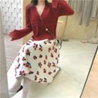 Plain Cardigan / Cherry Print A-line Skirt