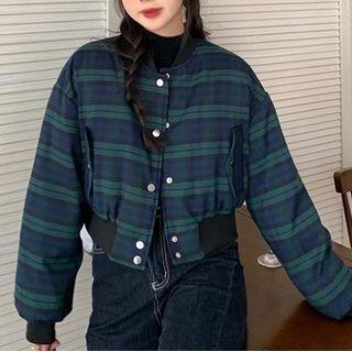 Plaid Baseball Jacket Navy Blue - One Size