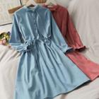 Stand-collar Plain Midi Dress With Sash In 7 Colors