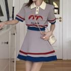 Elbow-sleeve Lettering Polo Shirt / Mini A-line Skirt