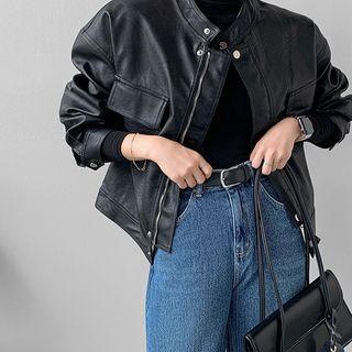 Stand-collar Faux-leather Jacket One Size
