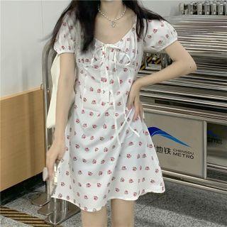 Short-sleeve Floral Print Mini A-line Dress Red Floral - White - One Size