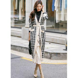 Tie-waist Houndstooth Long Cardigan Black - One Size