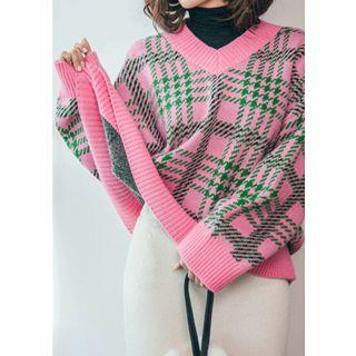 V-neck Oversized Plaid Sweater