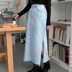 Slit-side Fray-hem Long Denim Skirt