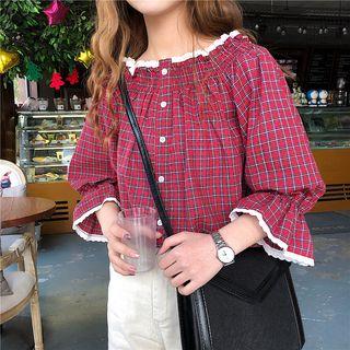 Off Shoulder 3/4-sleeve Plaid Blouse