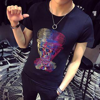 Short-sleeve Skeleton Embroidery T-shirt