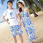 Couple Matching Set: Printed Short Sleeve T-shirt + Patterned Shorts / Halter Midi Dress