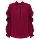 Bow Accent Ruffle-trim Long-sleeve Blouse