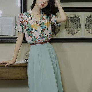 Set: Short-sleeve Floral Shirt + High Waist Midi A-line Skirt
