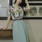 Set: Short-sleeve Floral Shirt + High Waist Midi A-line Skirt