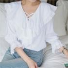 Wide-collar Eyelet-lace Trim Blouse White - One Size