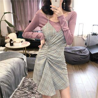 Long-sleeve Top / Spaghetti Strap Plaid Mini Dress