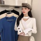 V-neck Cutout Sleeve Button Detail Knitted Top