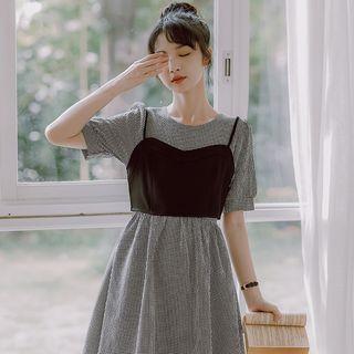 Set: Short-sleeve Plaid Midi A-line Dress + Cropped Camisole Top