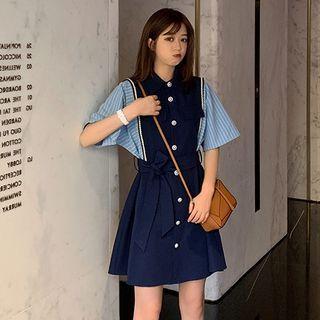Short-sleeve Mock Two-piece A-line Mini Shirtdress