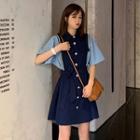 Short-sleeve Mock Two-piece A-line Mini Shirtdress