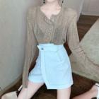 Long-sleeve Irregular Buttoned Knit Top / Mini Skort