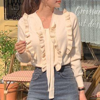 Tie-neck Frill-trim Knit Top