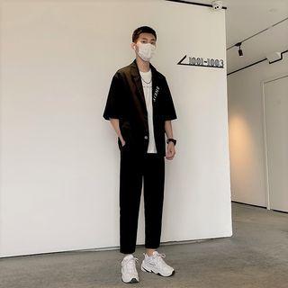 Short-sleeve Letter Embroidered Blazer / T-shirt / Straight Leg Cropped Pants / Set