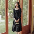 Long-sleeve Square-neck Tie-front Midi A-line Dress
