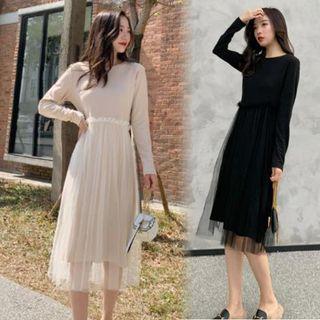A-line Midi Mesh Overlay Knit Dress