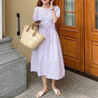 Floral Print Puff-sleeve Midi A-line Dress Light Purple - One Size