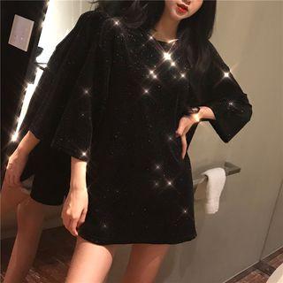 3/4-sleeve Oversize Metallic T-shirt Black - One Size