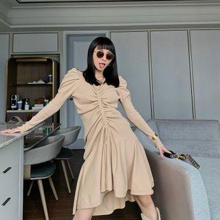Puff-sleeve Drawstring Knit A-line Dress