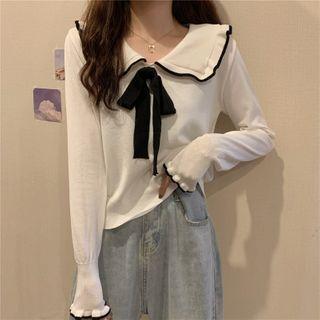 Contrast Trim Collar Bow Knit Top