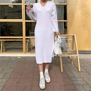 V-neck Slit-side Ribbed Knit Dress