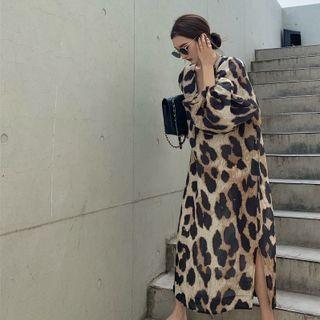 Long-sleeve Leopard Print Midi Shift Dress Leopard - Brown - One Size