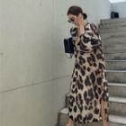 Long-sleeve Leopard Print Midi Shift Dress Leopard - Brown - One Size