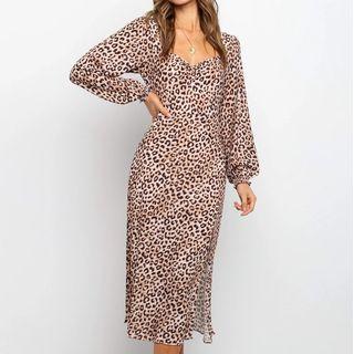 Long-sleeve Leopard Print Slit Midi Dress