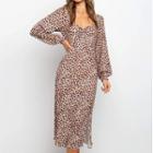 Long-sleeve Leopard Print Slit Midi Dress