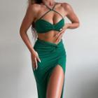 Set: Plain Halter Cropped Camisole + Plain High Waist Side-slit Skirt