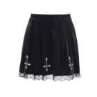 Cross Embroidered Velvet Pleated Skirt