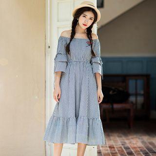 Gingham Off-shoulder Ruffle Midi Dress