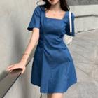 Short-sleeve Square-neck Mini A-line Denim Dress Washed Blue - One Size