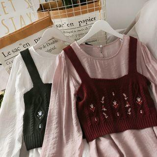 Set: Embroidered Knitted Camisole Top + Puff-sleeve Plain Top