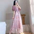 Lace-up Floral Embroidered Short-sleeve Maxi A-line Dress